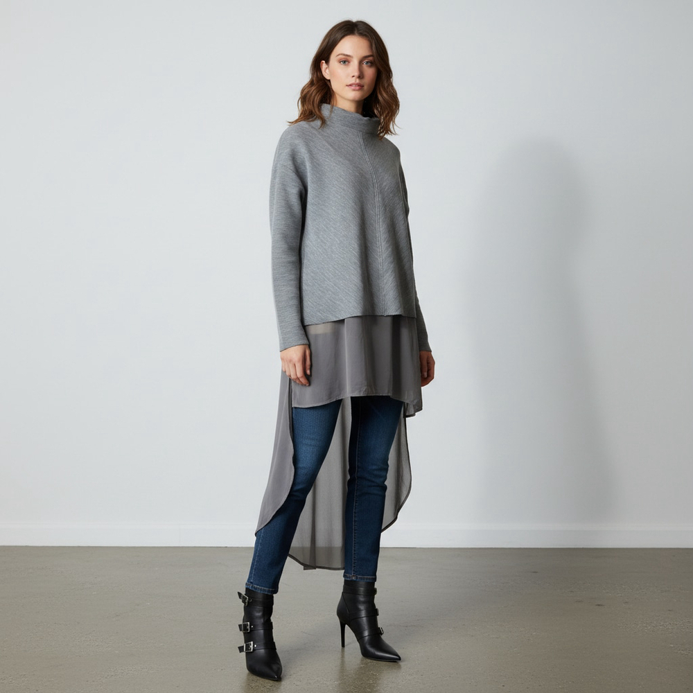 Zara Gray High Neck Long Sleeve Sweater with Sheer Overlay Long Tank Size Medium